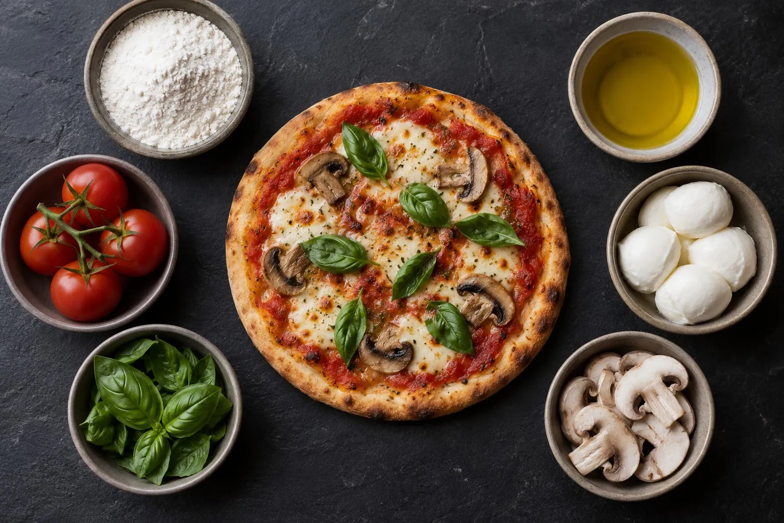 Glutenfri pizza omgitt av små skåler med ingredienser