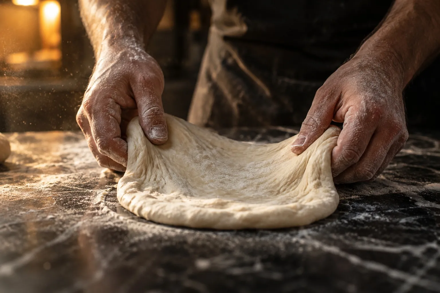 Pizzadeig som strekkes for hånd