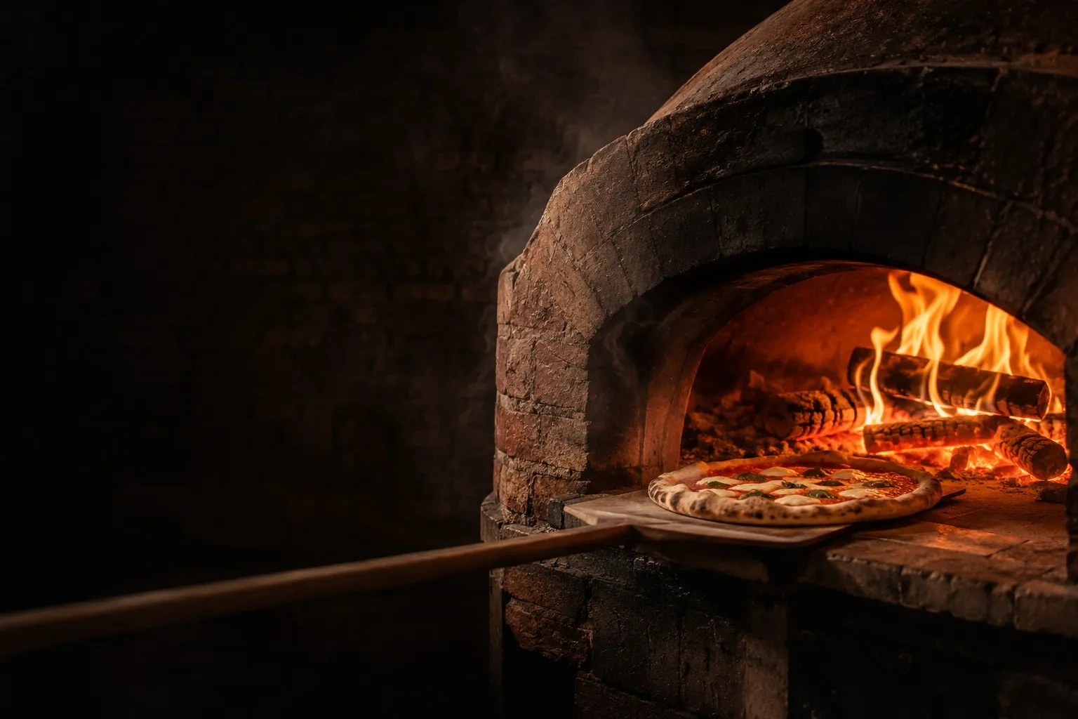 Vedfyrt pizzaovn med flammer og en margherita på vei inn på spaden