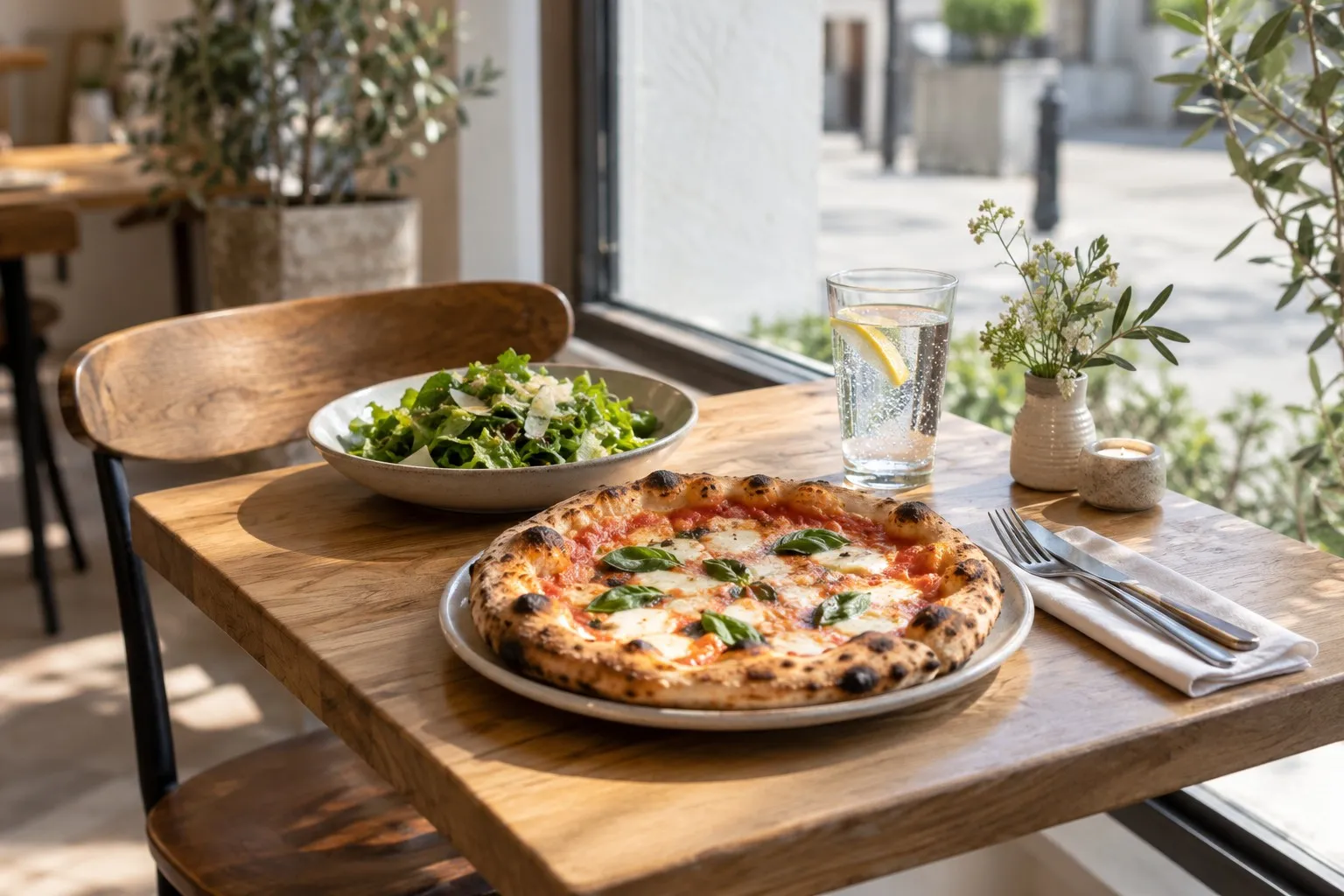 Lunsjbord ved vinduet med pizza, salat og et glass vann