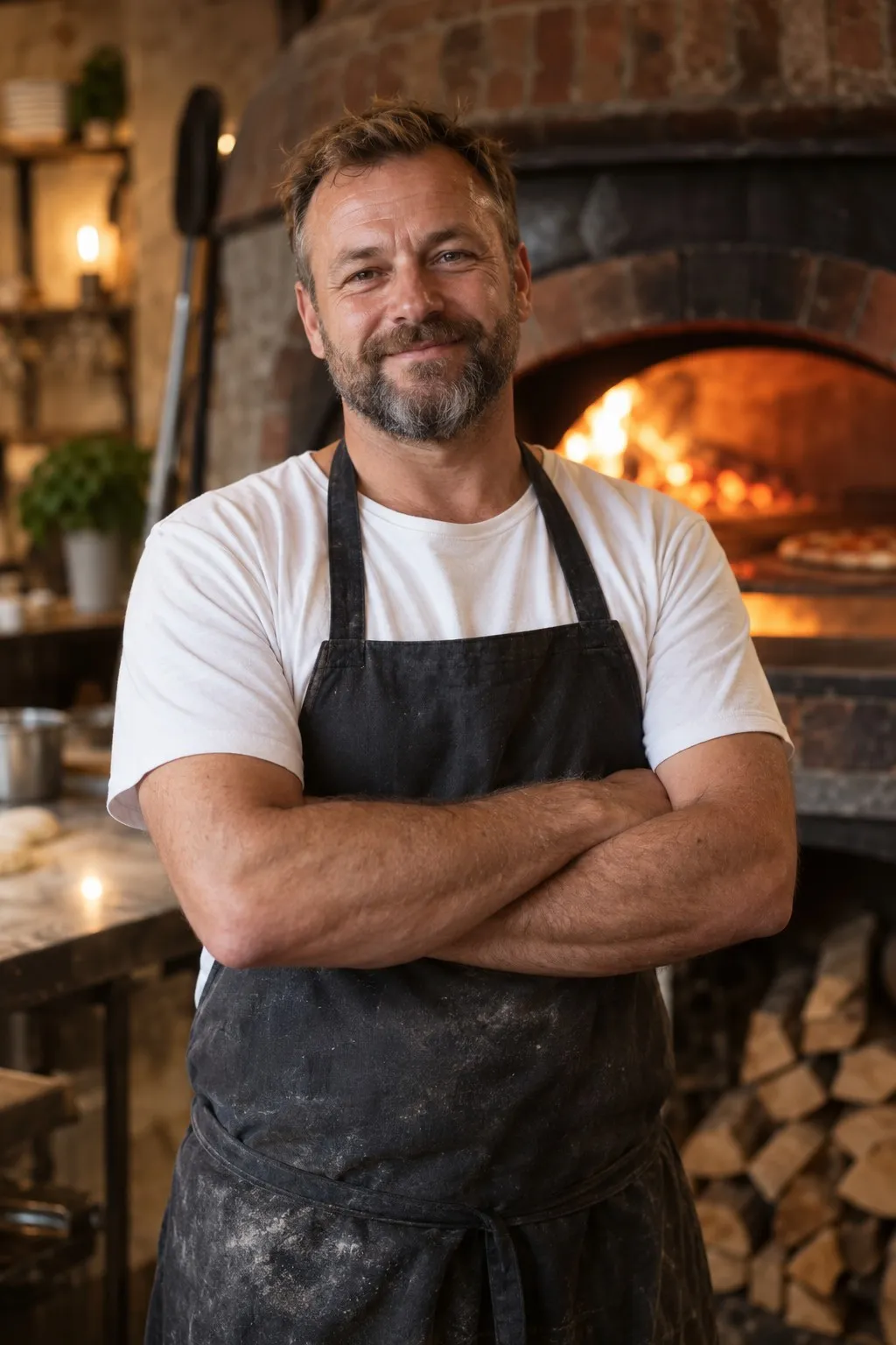 Jonas, eier og pizzabaker, foran vedovnen