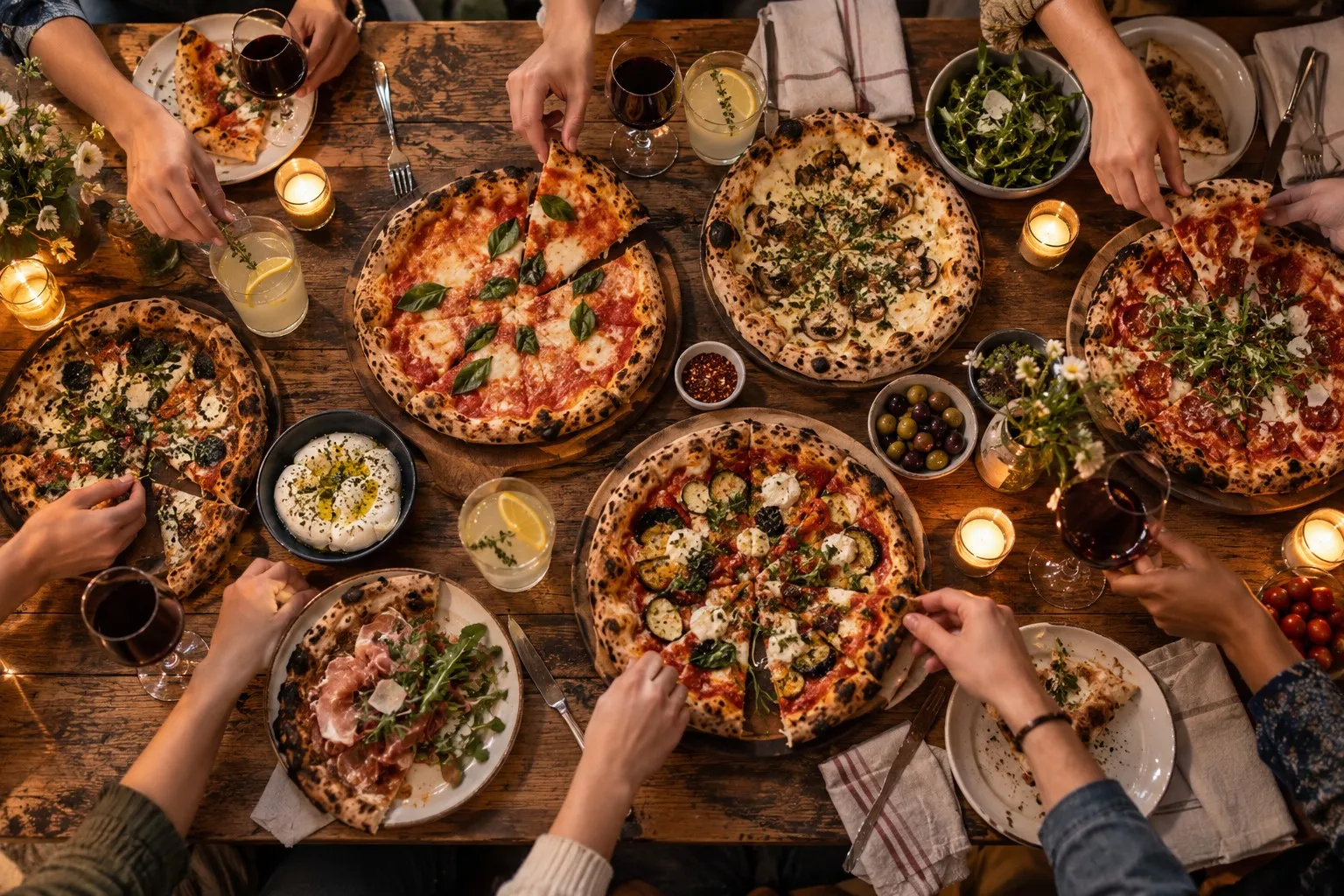 Langbord med mange pizzaer og hender som forsyner seg