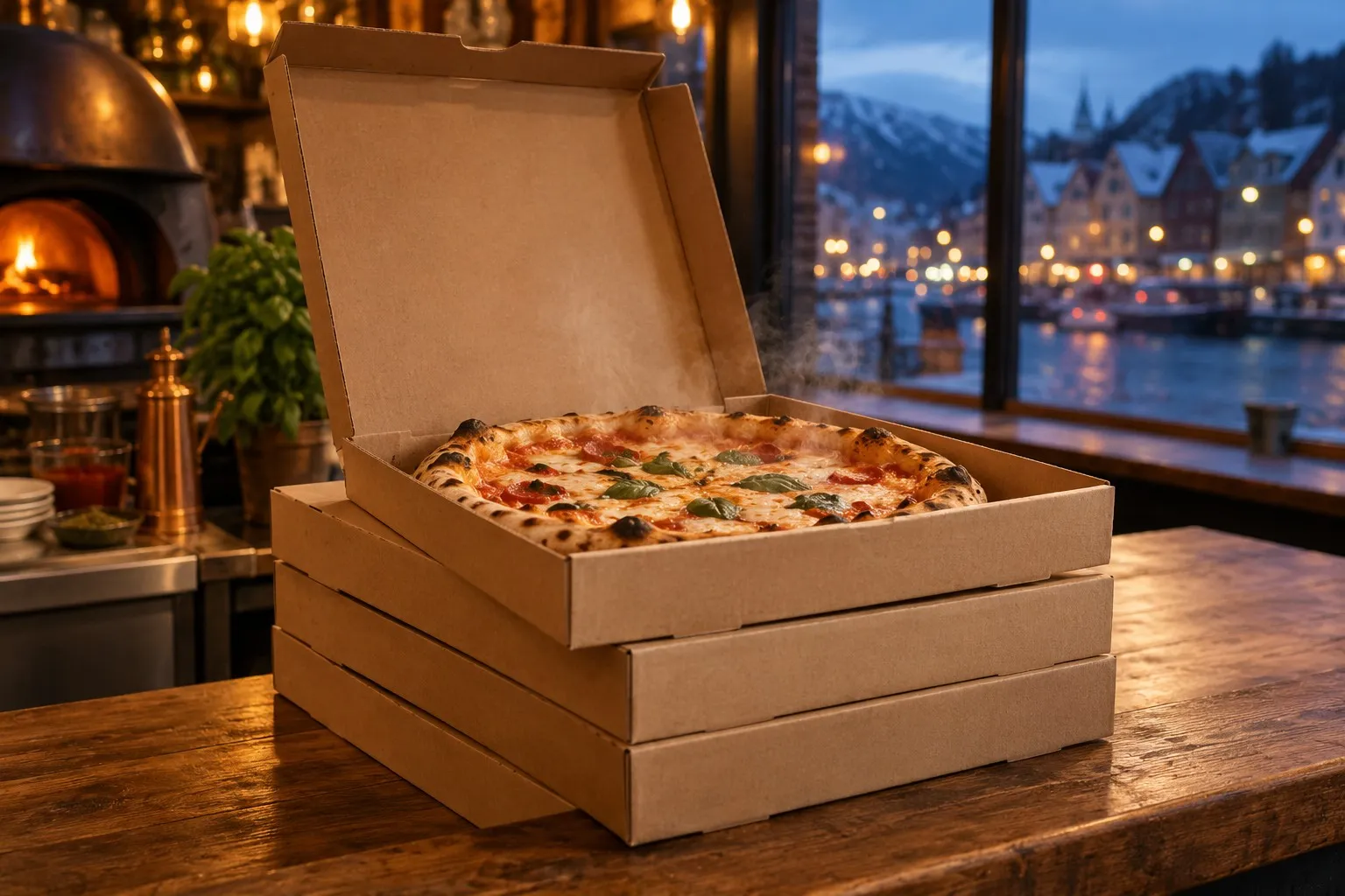 Pizzaesker på disken, den øverste åpen med en fersk pizza